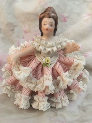 Dresden Porcelain Lace Figurine Seated Lady In Pink