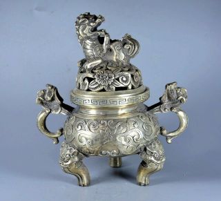 Collect Qianlong Antique Tibet Silver Hand Carve Myth Kylin Auspicious Censer