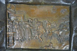 Rare Antique 19th Century Repousse Brass Wall Hanging Medieval Tavern Scene 2