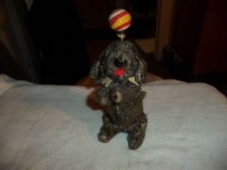 Vintage Wind - Up Ball Balancing Dog Grey Fur Covered Tin Toy Japan 1950s