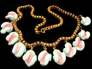 Rare Vintage 20 " X1 " Miriam Haskell Box Chain Blue Pink Art Glass Dangle Necklace