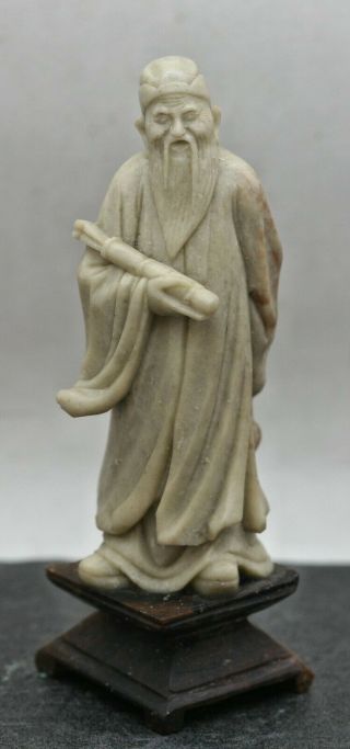 Antique Chinese Hand Carved Soapstone Figurine Of An Elder Circa 1930s