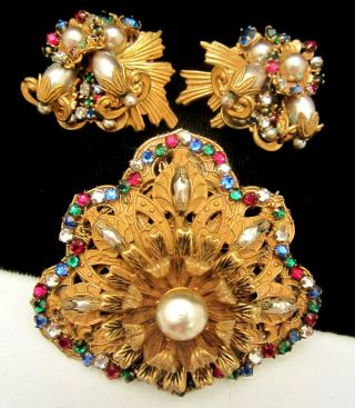 Vintage Signed Miriam Haskell Brass Jeweled Brooch Pin & Clip Earring Set A12