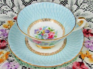 Royal Grafton Light Blue Basket Weave Floral Tea Cup And Saucer