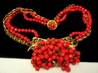 Rare Vintage 16 " X3 " Signed Miriam Haskell Brass Red Glass Dangle Necklace A30