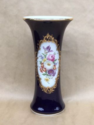 Vtg Meissen Trumpet Vase 9 3/4” High Cobalt Blue W/floral Decoration Gold Trim