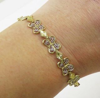 Vintage 14k Yellow & White Gold Filigree Butterfly Chain Link Bracelet 7 "