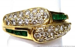 18k Yellow Gold Natural Emerald Fine Diamond Ladies Vintage Crossover Ring