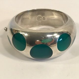 Vintage Mexico Sterling Silver Bangle Cuff Bracelet Hinged Inlaid Green Dots