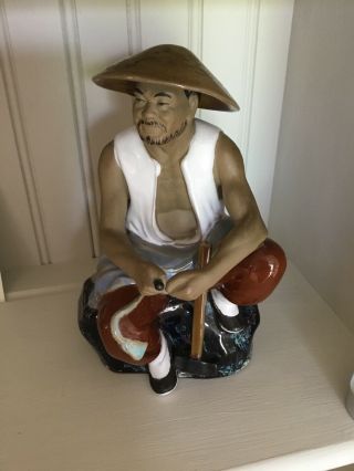 Chinese Shiwan Hand Painted Clay Pottery Figure Of Workman 20cm