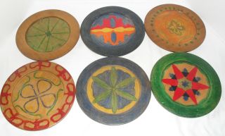 Vtg Set Of 6 Folk Art Hand Colored/painted Wood Turned Plates 7.  75 " Pa Dutch Hex