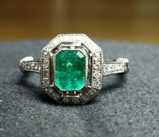 Vintage Art Deco 2ct Emerald Diamond 14k White Gold Antique Halo Engagement Ring