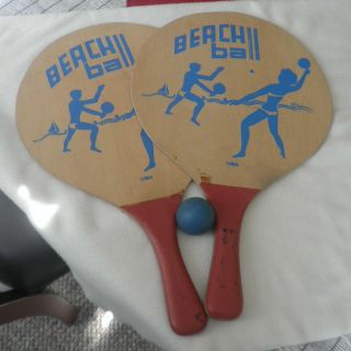 Vintage Wooden Beach Ball And Paddle Set - From The 1960 