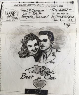 V - Mail Wwii 1944 Love Letter Cartoon Illustrated Homemade For Gi Wife