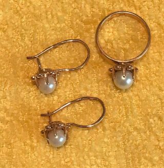 Vintage Soviet Rose Gold Earrings & Ring 14k,  Pearl,  Ussr 583