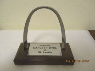 Vintage " Welcome Harley Hotel Of St.  Louis " Metal Arch Souvenir On Wood Base