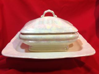 Large Antique Iridescent,  Pearlescent,  Soup/vegetable Tureen On Platter