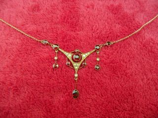 ARTS AND CRAFTS STAMPED 9 CARAT GOLD GARNET & PEARL NECKLACE 17 1/2 