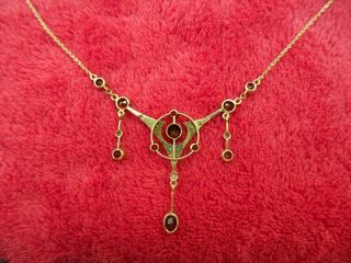 ARTS AND CRAFTS STAMPED 9 CARAT GOLD GARNET & PEARL NECKLACE 17 1/2 