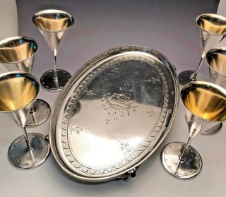 Tiffany & Co.  Sterling Silver set of 6 Cordials with Fooded Tray, 7