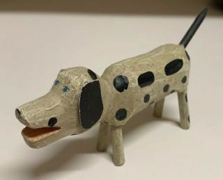Wooden Primitive Hand Carved Folk Art Canine Stick Dog Figurine 4.  5” Long 2”tall