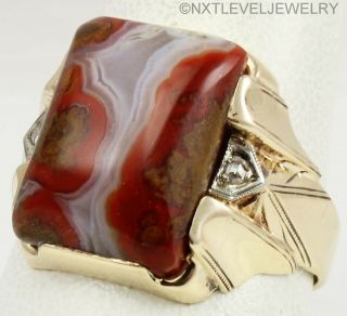 Antique Ostby & Barton RARE Red Banded Agate & Diamond 10k Solid Gold Men ' s Ring 2