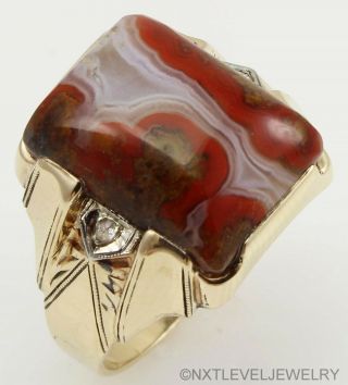 Antique Ostby & Barton RARE Red Banded Agate & Diamond 10k Solid Gold Men ' s Ring 3