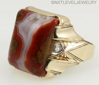 Antique Ostby & Barton RARE Red Banded Agate & Diamond 10k Solid Gold Men ' s Ring 4