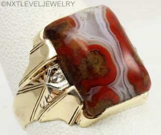Antique Ostby & Barton RARE Red Banded Agate & Diamond 10k Solid Gold Men ' s Ring 5