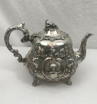 Victorian English Sterling Silver Repousse Teapot.  London 1855.  William Hunter