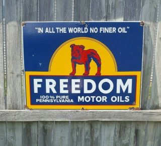 Freedom Motor Oils Porcelain Sign Gas Station Oil Bull Dog Pennsylvania Vintage