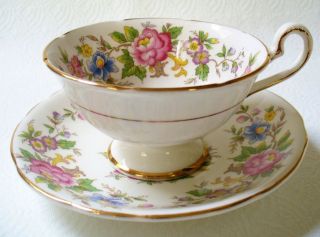 Vintage Royal Stafford Footed Teacup And Saucer Rochester Floral Gold Trim Euc