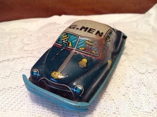 Vintage 1950 ' s Tin Litho Friction Tin G Men Car - Japan 4