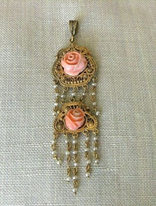 Antique Victorian 22k Gold Hand Carved Coral,  Pearl Floral Lavalier Pendant