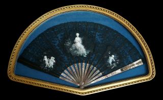 Gorgeous Antique Hand Painted Black Lace Gray Mother Of Pearl Large Hand Fan