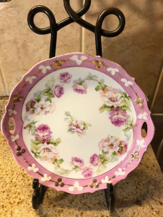 10 " Porcelain Open Handled Cake Plate Unmarked Pink & White W/roses 10 " Diameter