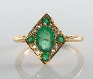 Divine 9ct 9k Gold Art Deco Ins Emerald & Diamond Ring Resize