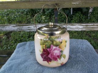 Antique English Porcelain Biscuit Jar Rose Decorated Epns Lid Handle 6 " X5 "
