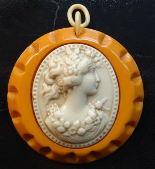 Vintage Art Deco Big Butterscotch Amber Bakelite Celluloid Cameo Pendant - 43