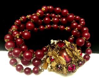 Rare Vintage 7 " Signed Demario Goldtone Cranberry Glass Rhinestone Bracelet A66
