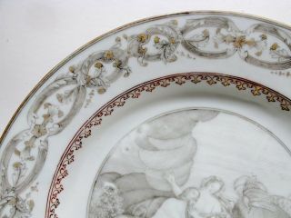 18thC Chinese Encre de Chine Porcelain Grisaille 9” Plate Ornate Rim B 5