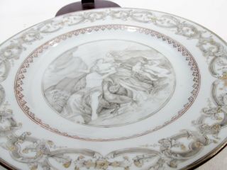 18thC Chinese Encre de Chine Porcelain Grisaille 9” Plate Ornate Rim B 9