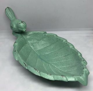 Vintage Light Green Cast Iron Leaf Shape Bowl With Bird Ornament Estate Find