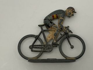 Vintage Metal Cycling Tour Racer Lead Figure Cyclist On A Bike Striped Shirt