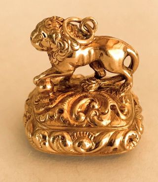 Rare Antique Victorian Lion Watch Fob Seal Charm W/ Carved Citrine 14k Gold