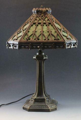 Vintage Arts & Crafts Style Table Lamp Bronze Patina W/ Green Slag Panels