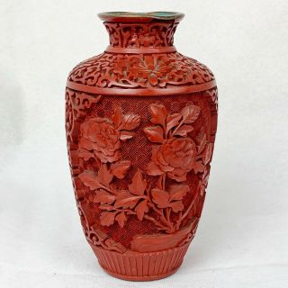 Antique Chinese Cinnabar Carved Red Vase