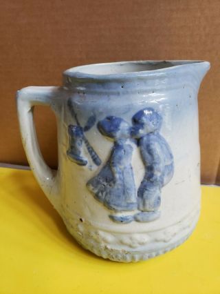 Blue & Gray Salt Glaze Stoneware Dutch Kissing Boy Girl Windmill Pitcher
