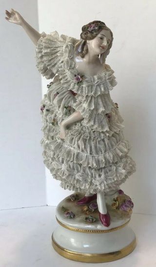 Vintage Volkstedt Dresden Full Lace Figurine Dancing Lady Germany 12”