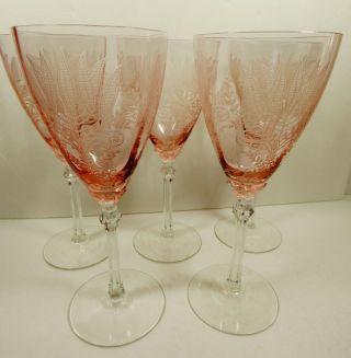 Vtg Set Of 5 Depression Rose Pink Clear Etched Glass Stem Fostoria Fern Goblets